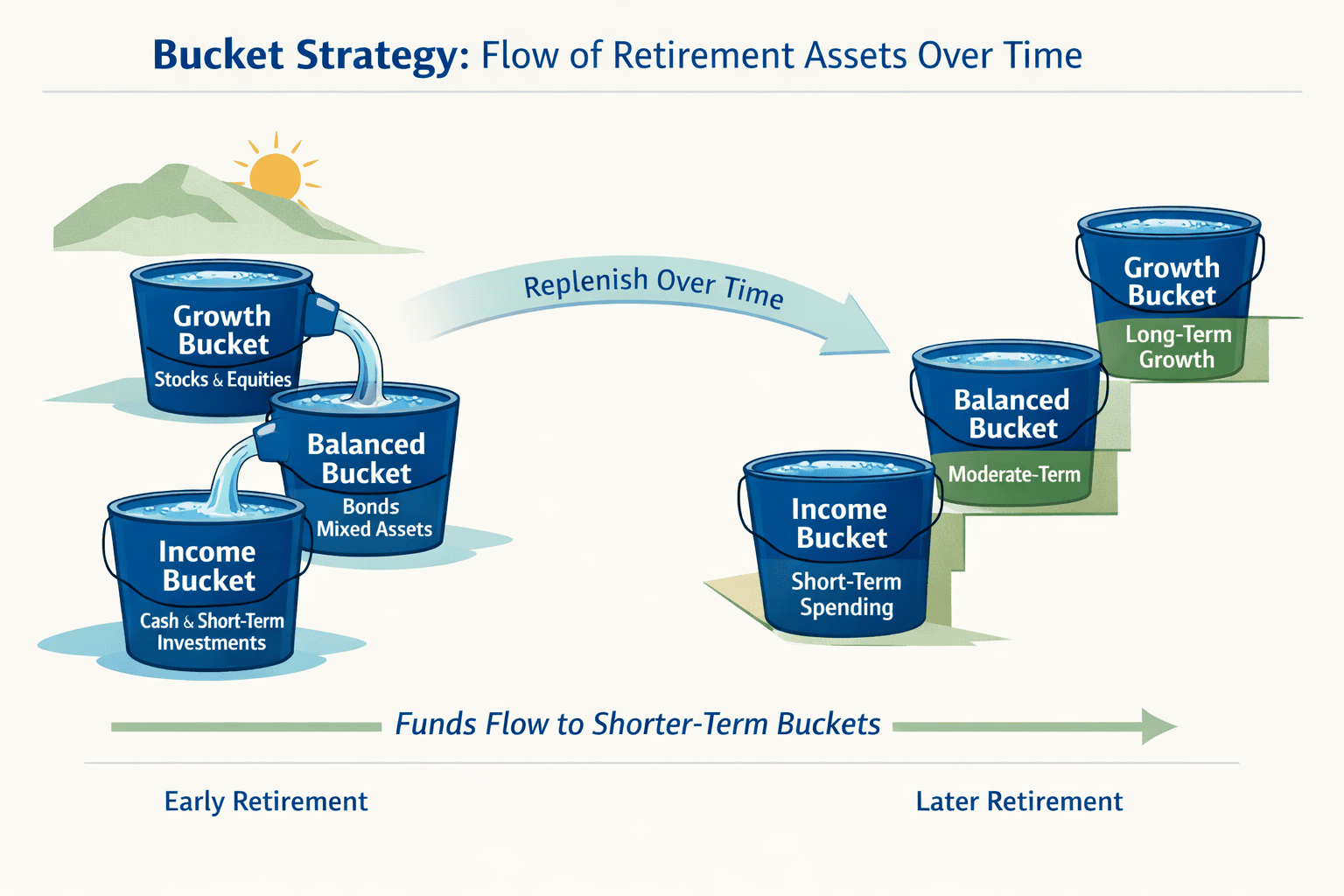 Flow diagram illustrating how long-term growth buckets replenish shorter-term income buckets over time.